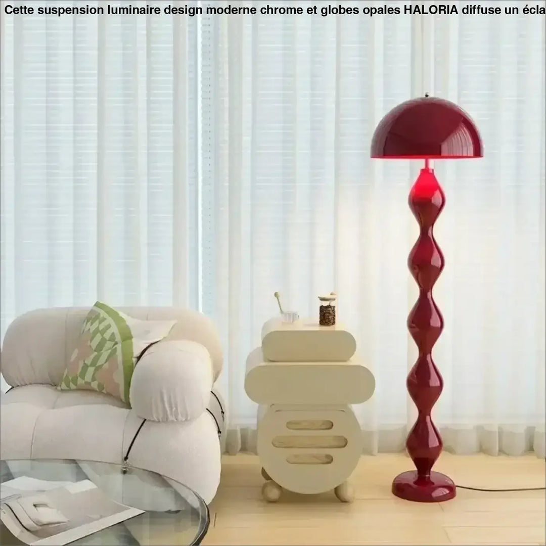 Lampadaire irmahi rouge profond avec un corps ondulé et un abat-jour en dôme pour une ambiance chaleureuse