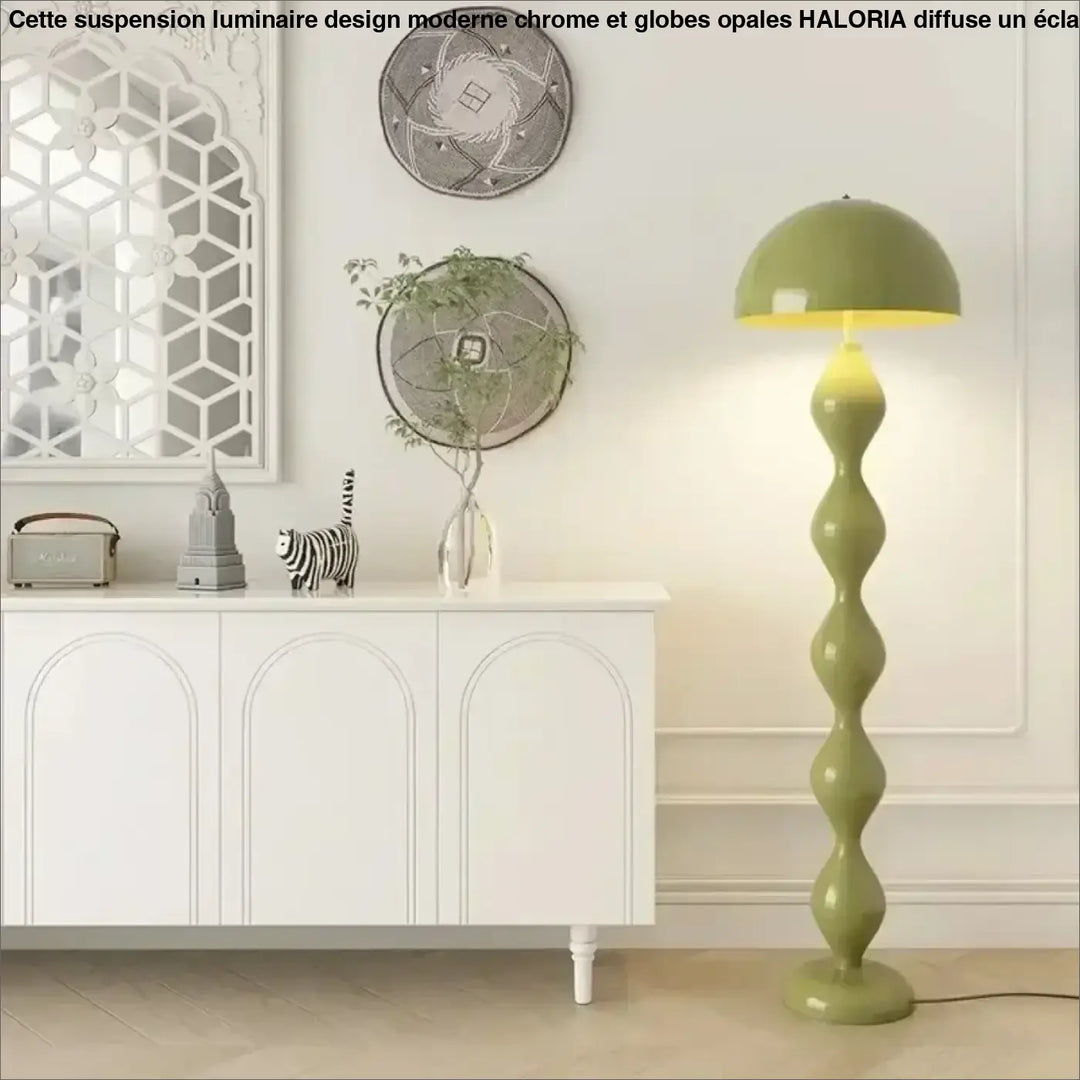 Lampadaire élégant olive vert avec finition glossy, corps ondulé sculpté et abat-jour en dôme pour ambiance chaleureuse