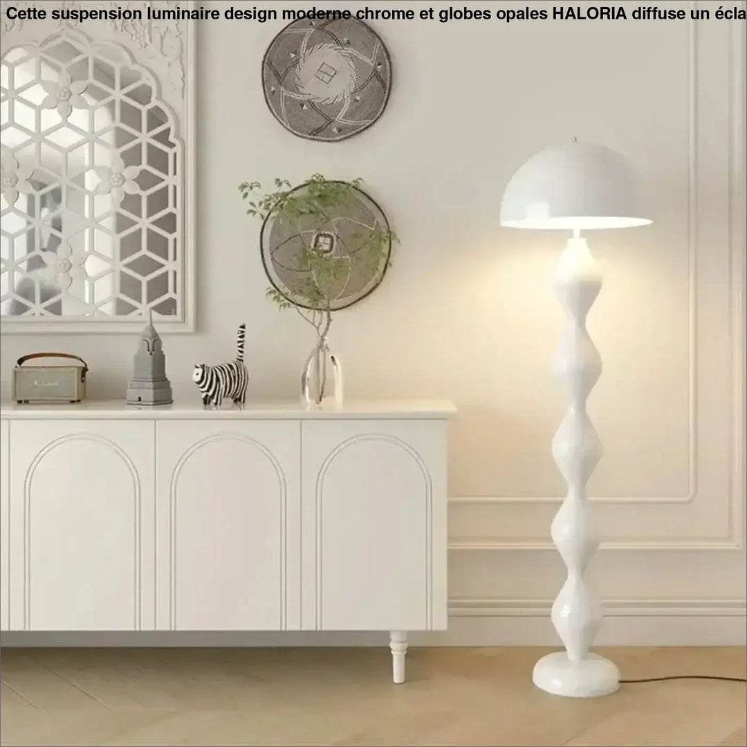 Lampadaire élégant irmahi avec corps ondulé blanc et abat-jour en forme de dôme créant une ambiance chaleureuse