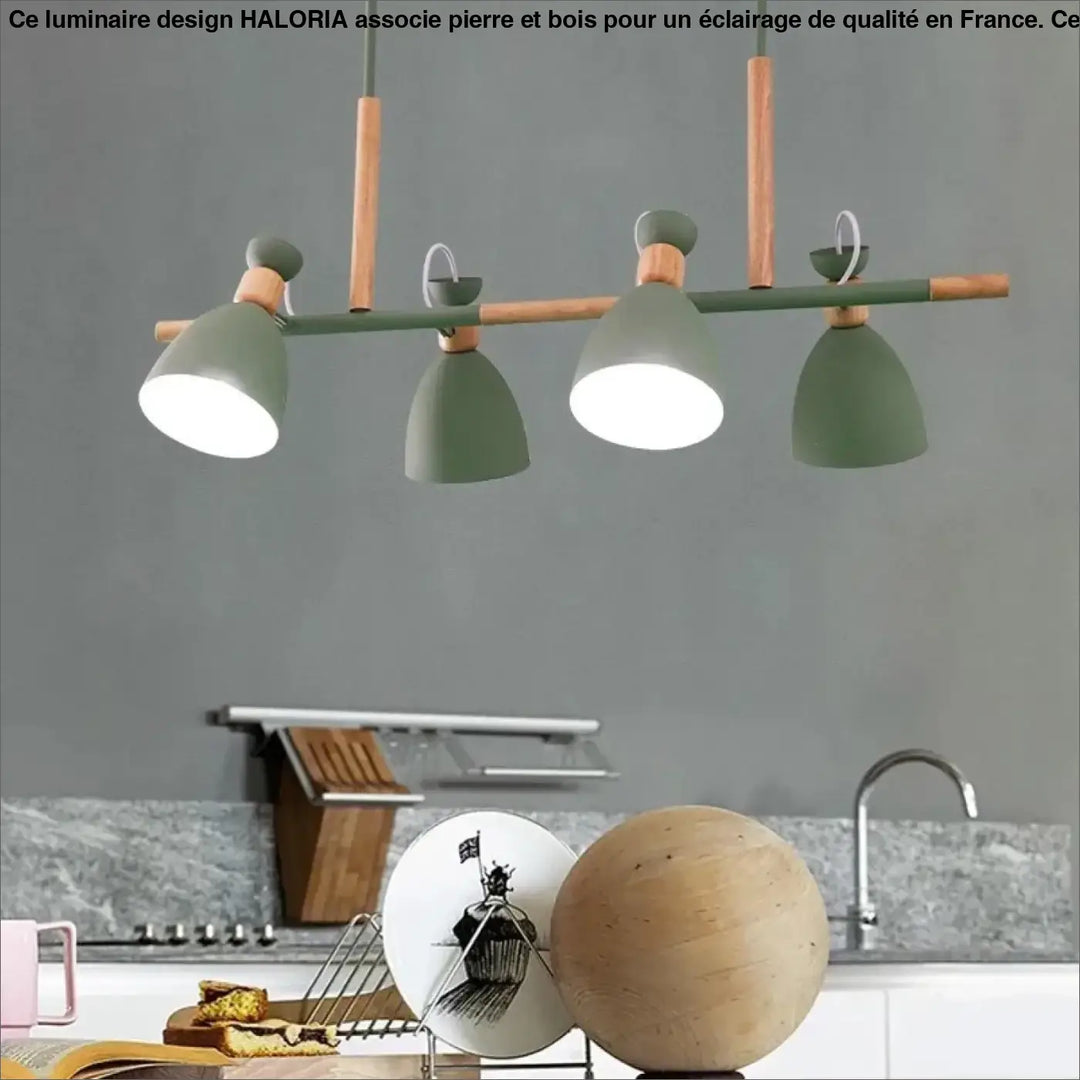 Suspension luminaire design moderne en pierre et bois avec quatre têtes de lampe vertes idéale au-dessus d’une table ou d’un coin salon
