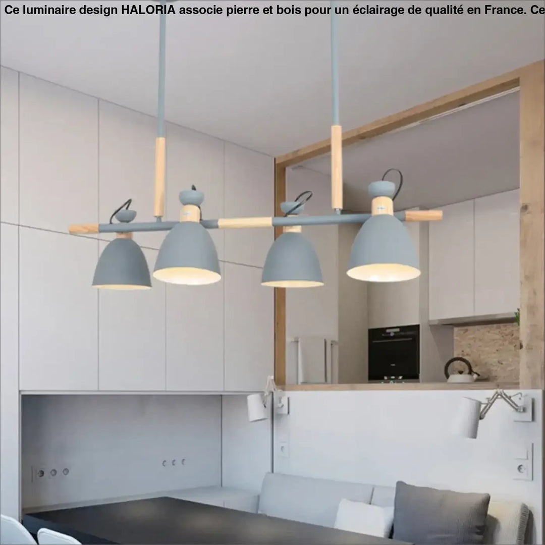 Suspension luminaire design moderne en pierre et bois gris avec accents en bois pour au-dessus d’une table ou d’un coin salon