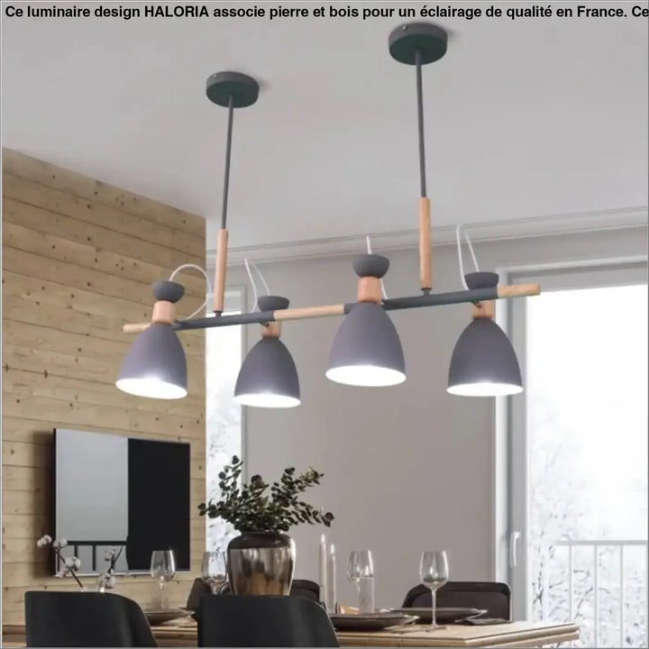 Suspension luminaire design moderne en pierre et bois avec accents en bois gris, idéale au-dessus d’une table ou d’un coin salon