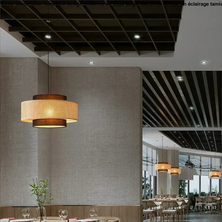 Suspension design naturelle rotin tressé et textile chic