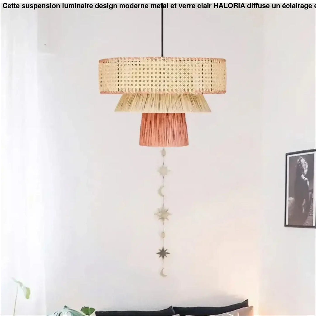 Suspension luminaire artisanale tressée en bois et rotin élégant