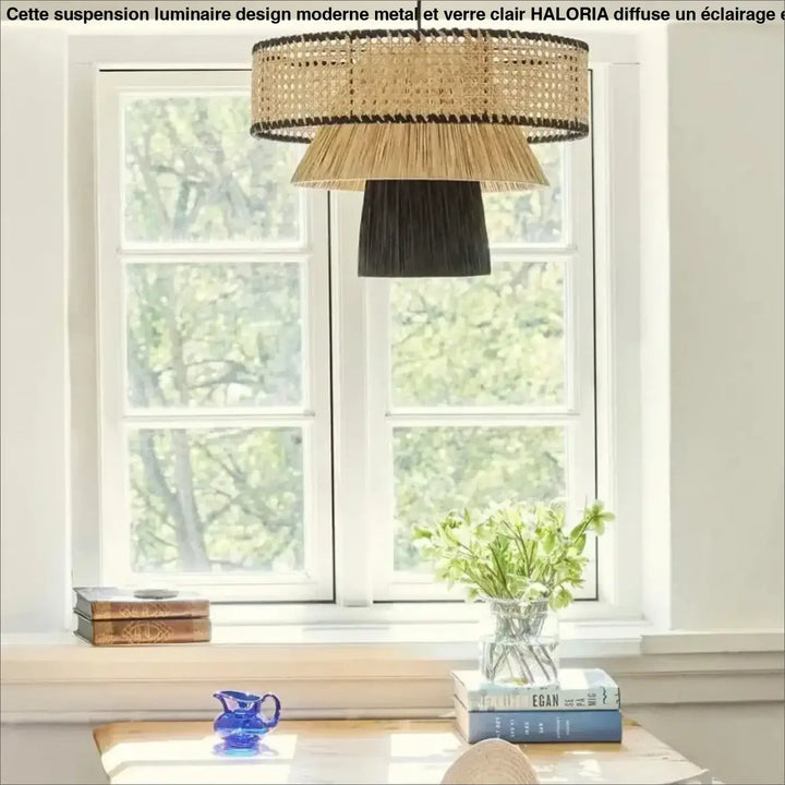 Suspension luminaire artisanale tressée en bois et rotin élégant
