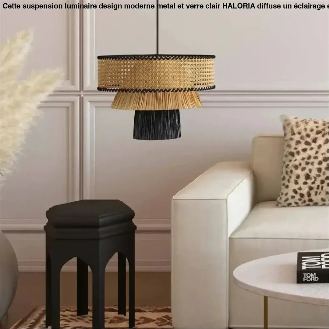 Suspension luminaire artisanale tressée en bois et rotin élégant