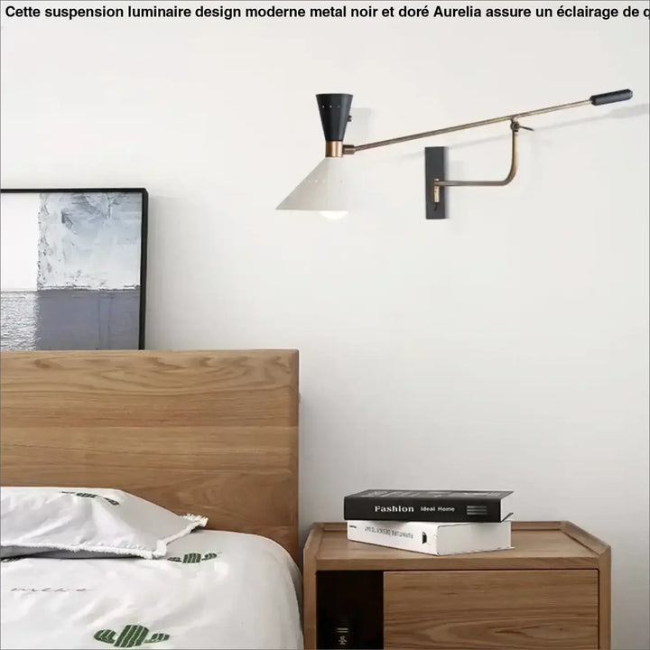 Suspension luminaire design moderne en métal noir et doré avec abat-jour conique blanc par aurelia
