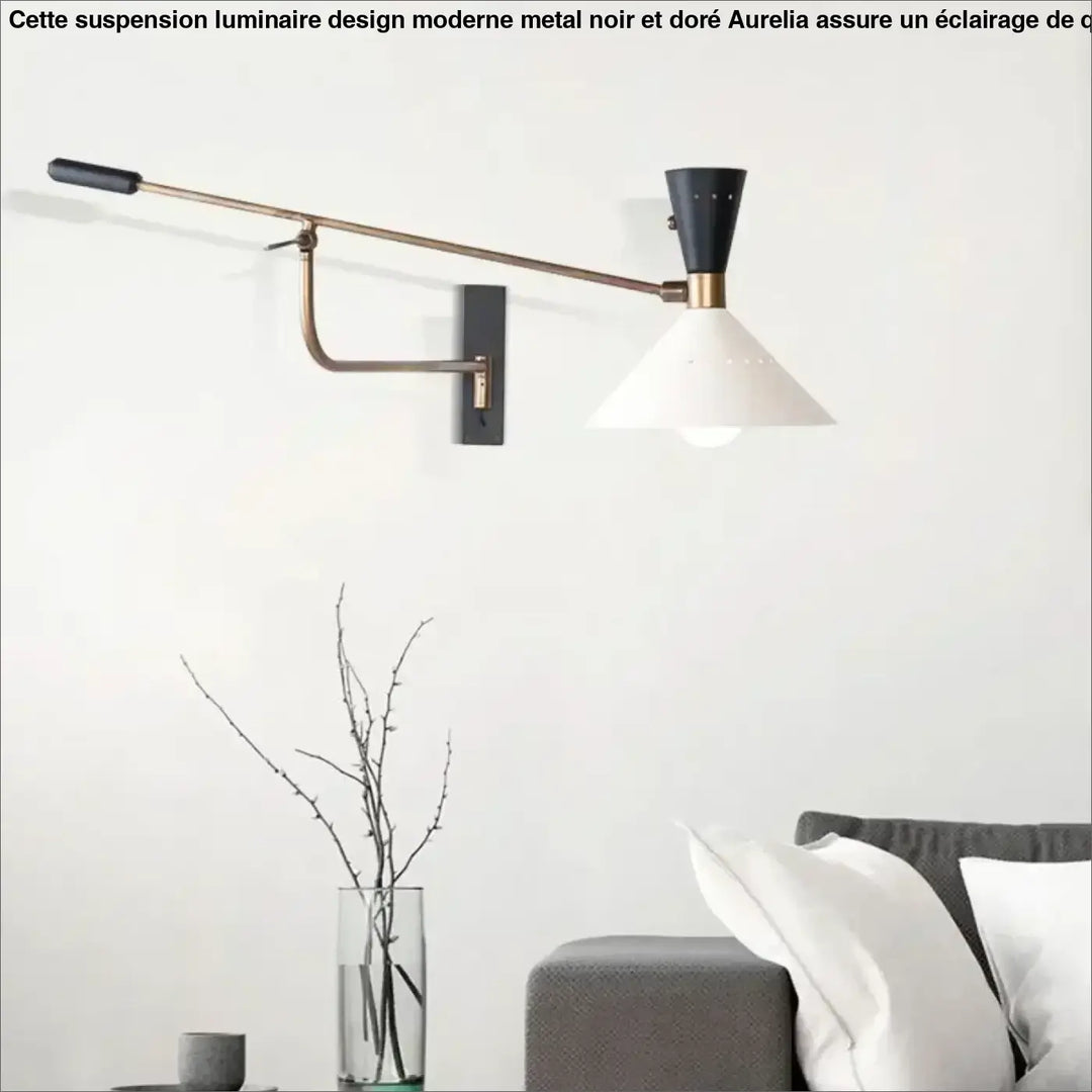 Luminaire design moderne suspension with brass arm black conical top and white tapered lampshade by aurelia