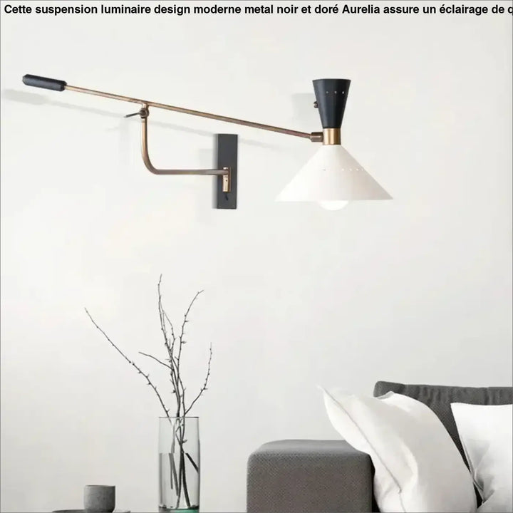 Luminaire design moderne suspension with brass arm black conical top and white tapered lampshade by aurelia