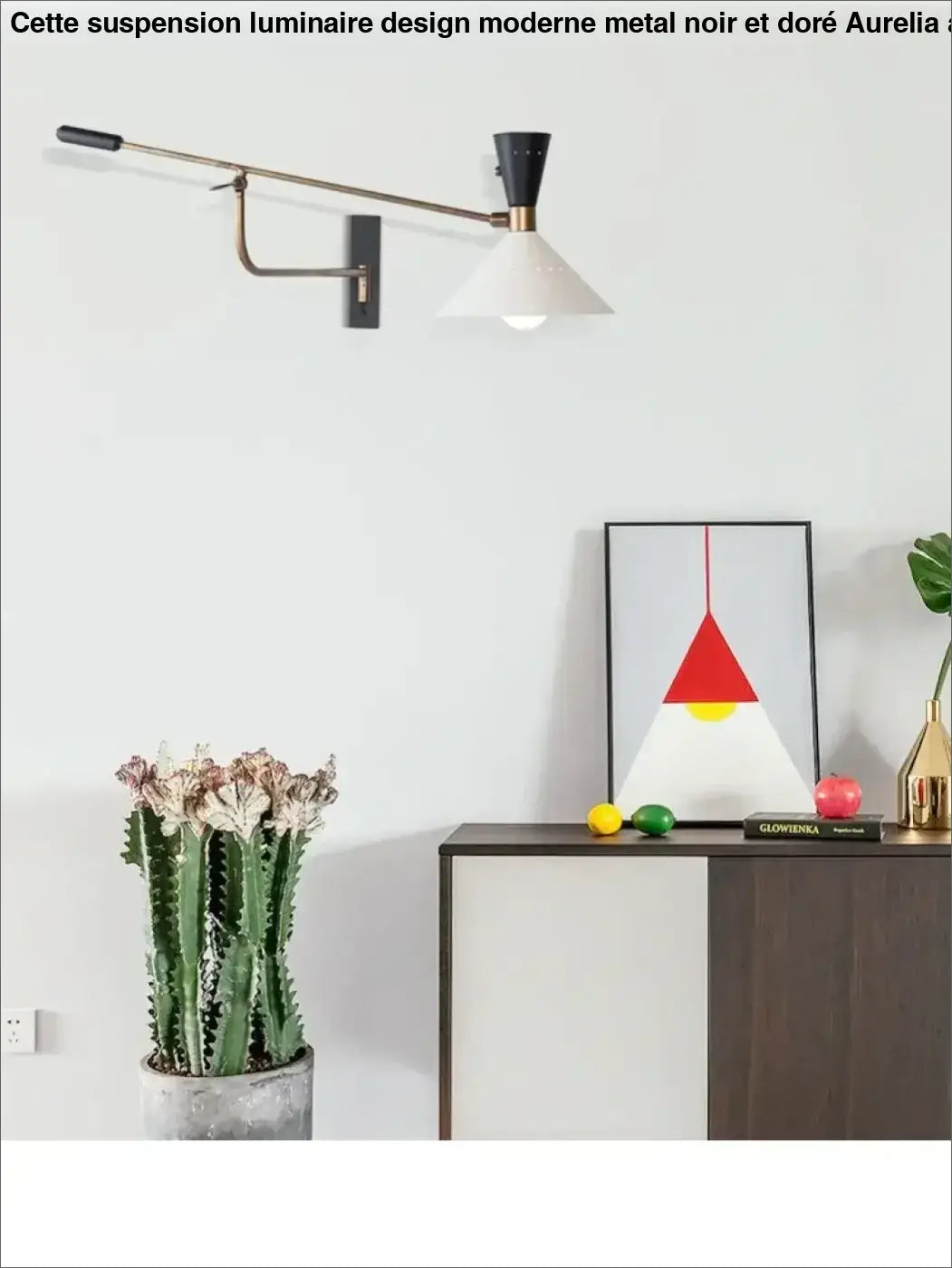Mid-century modern suspension luminaire design with brass arm and black and white conical metal shade from aurelia