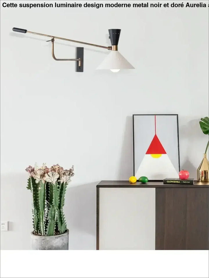 Mid-century modern suspension luminaire design with brass arm and black and white conical metal shade from aurelia