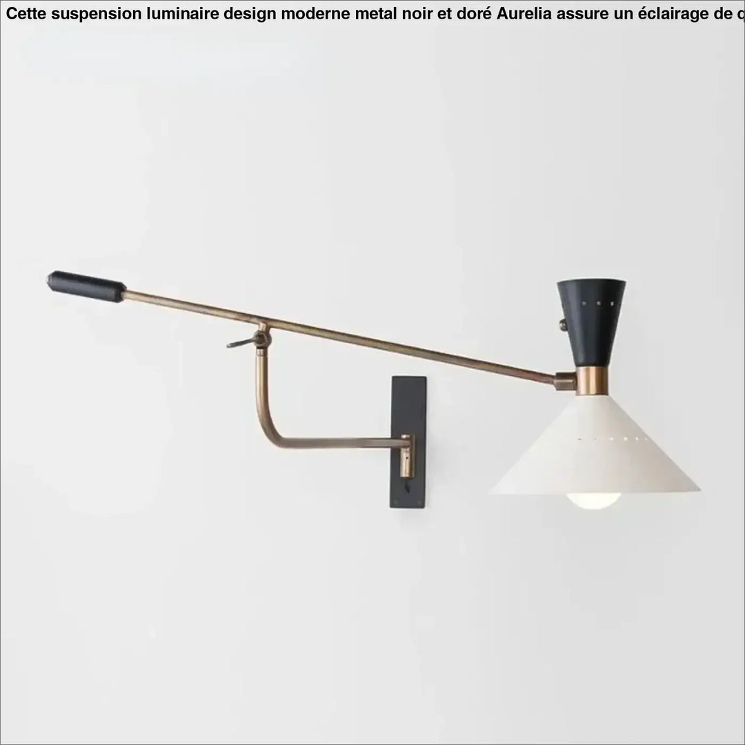 Mid-century modern suspension luminaire design with brass arm, black matte metal mounting plate, and conical shade aurelia