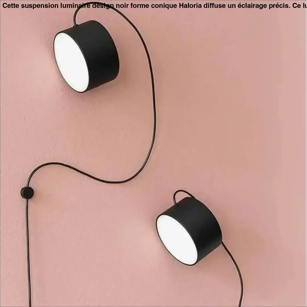 Suspension luminaire design noir forme conique haloria avec appliques murales cylindriques noires lumineuses et minimalistes