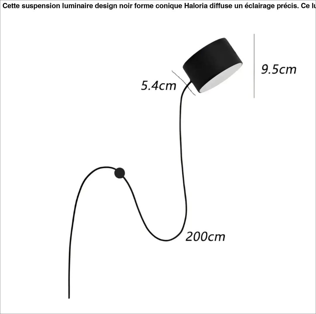 Luminaire design noir avec suspension forme conique noire et cordon flexible de 200 cm pour un éclairage moderne