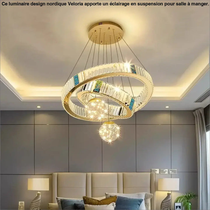 Suspension led cristal avec anneaux dorés design doré chic