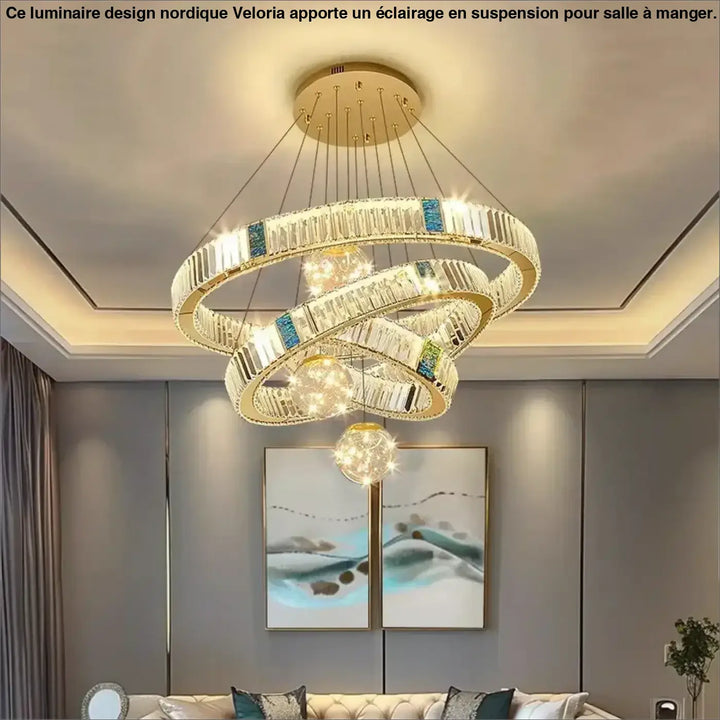 Suspension led cristal avec anneaux dorés design doré chic