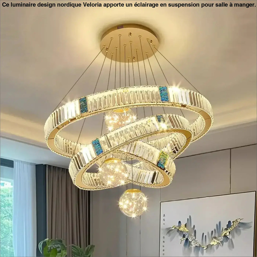 Suspension led cristal avec anneaux dorés design doré chic