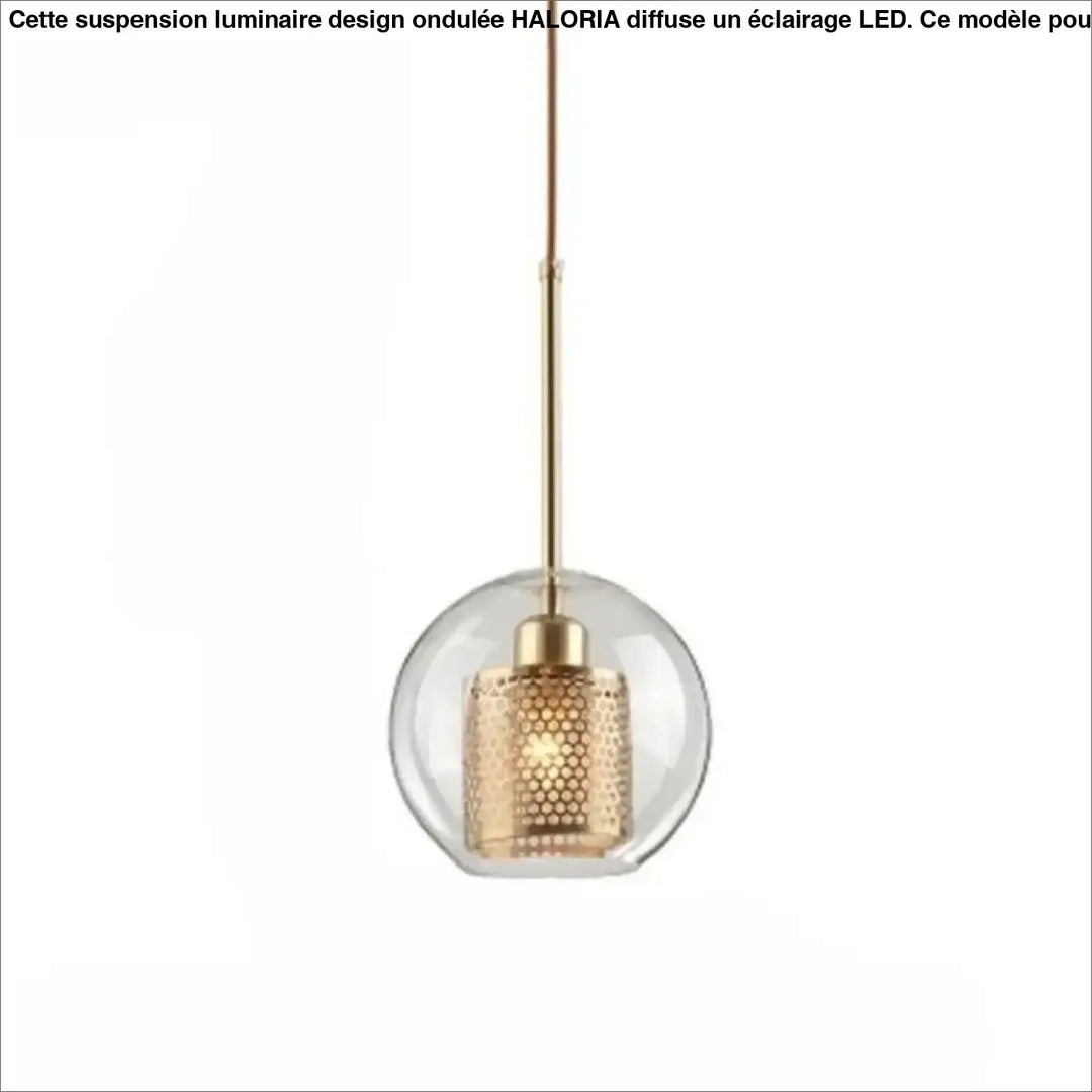 Suspension luminaire zelor avec globe en verre transparent et abat-jour en nid dabeille doré moderne et élégant