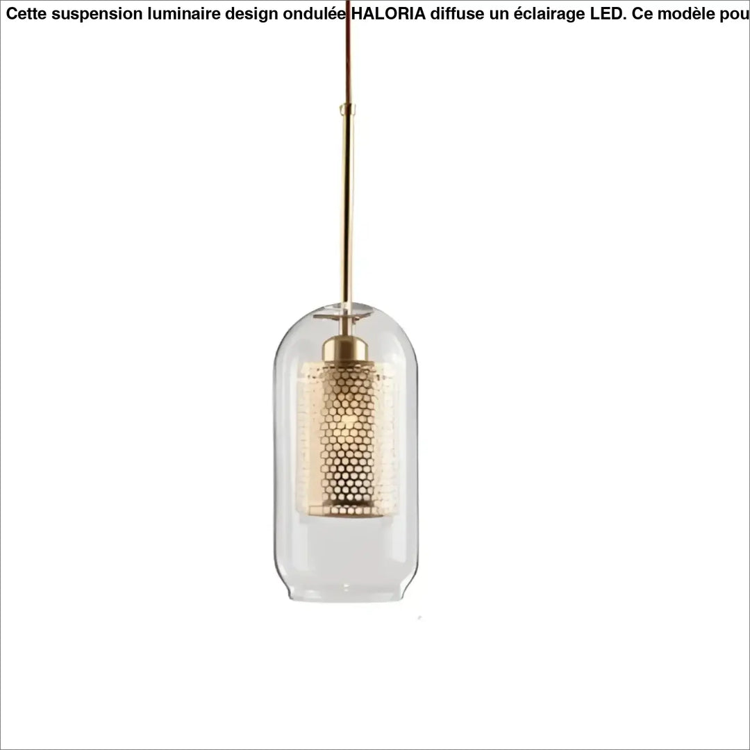 Suspension luminaire zelor avec abat-jour cylindrique perforé doré dans une enceinte en verre clair suspendue par tige en laiton