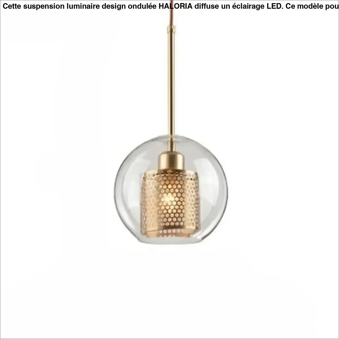 Suspension luminaire zelor avec globe en verre clair et abat-jour cylindrique doré perforé design moderne