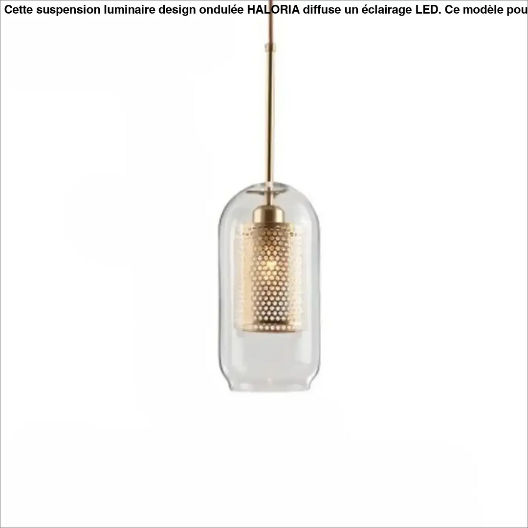 Suspension luminaire zelor avec abat-jour en verre clair et cylindre perforé doré suspendu par tige en laiton