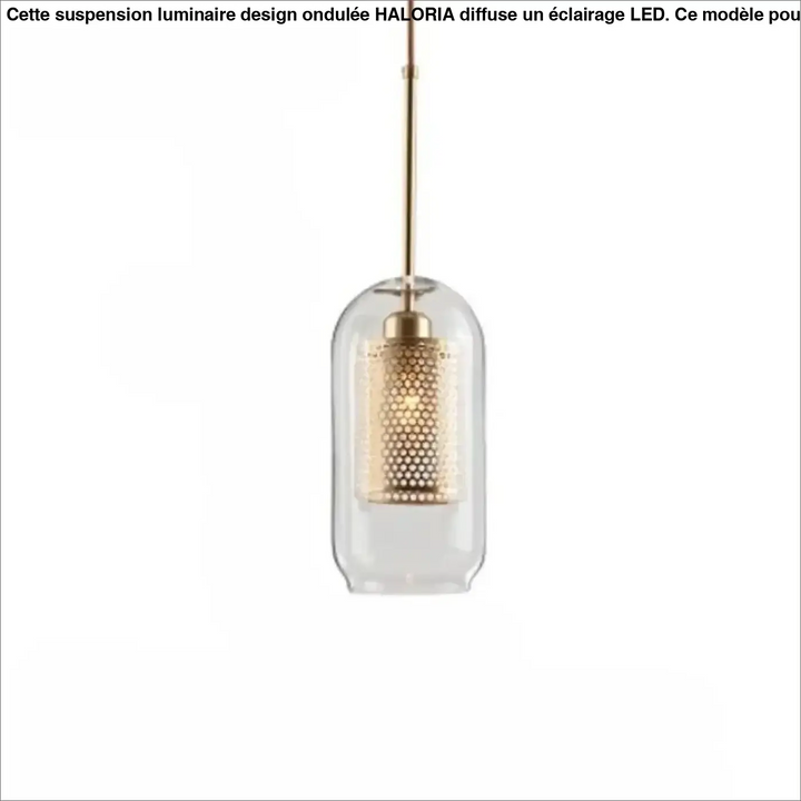 Suspension luminaire zelor avec abat-jour en verre clair et cylindre perforé doré suspendu par tige en laiton