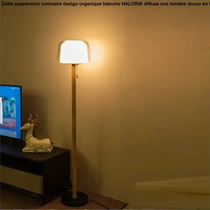 Lampadaire en verre transparent avec tige en bois naturel