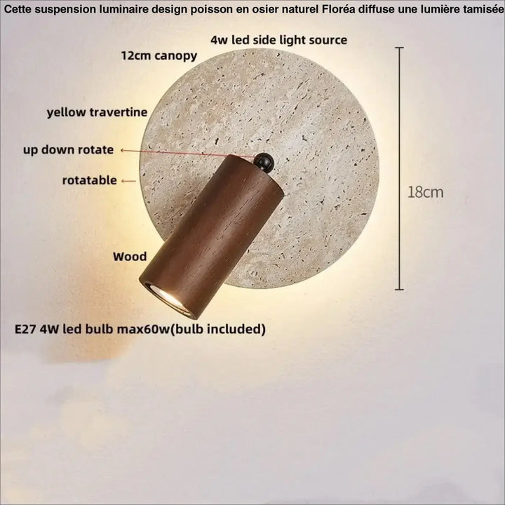 Applique murale bois naturel et pierre travertin led beige