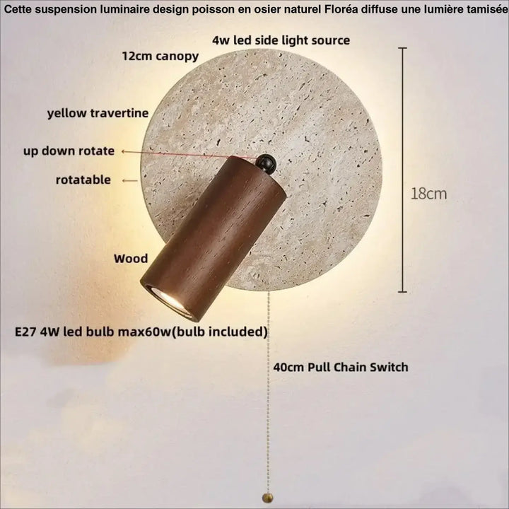Applique murale bois naturel et pierre travertin led beige
