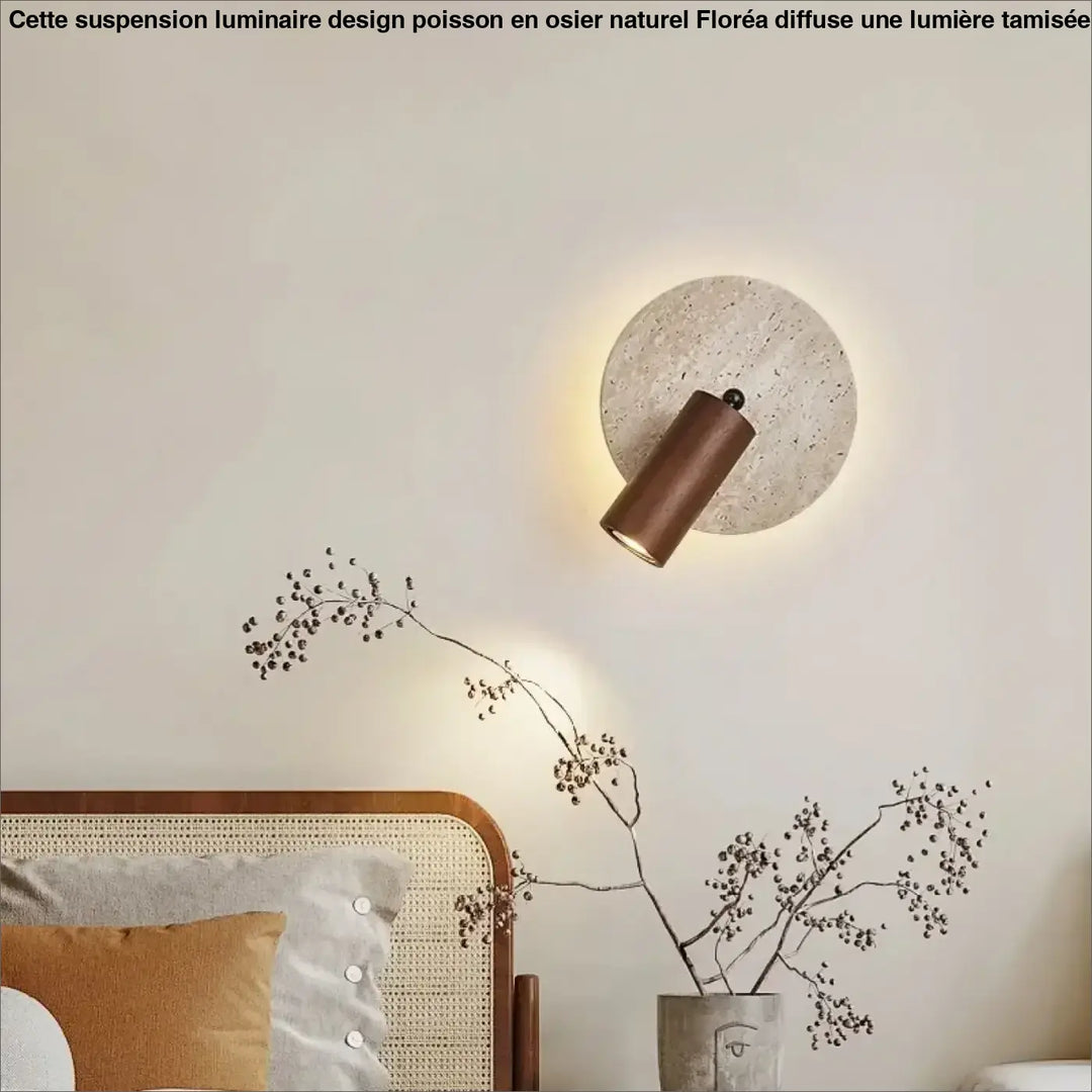 Applique murale bois naturel et pierre travertin led beige