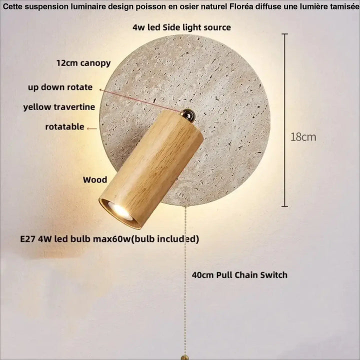 Applique murale bois naturel et pierre travertin led beige