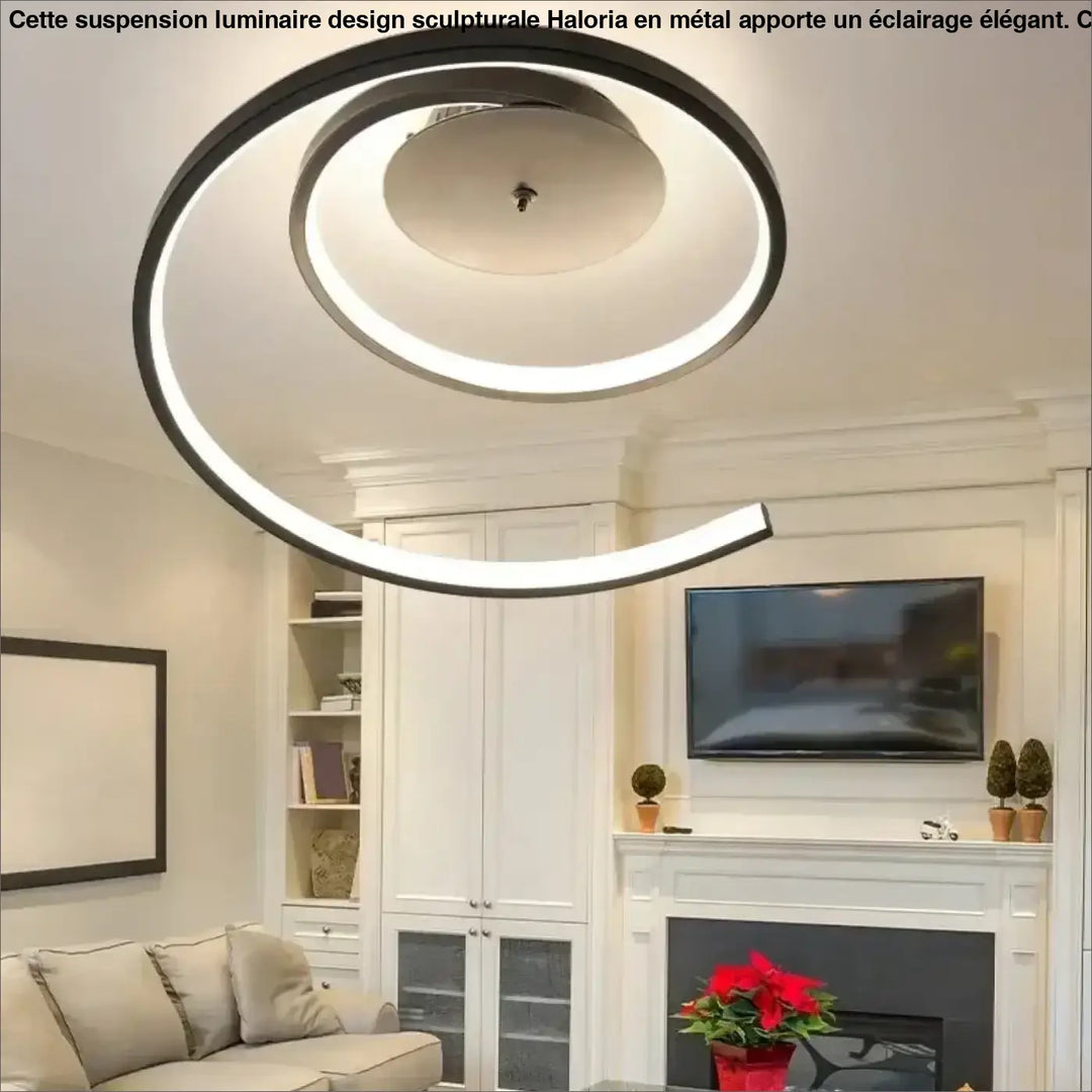 Luminaire design sculpturale suspension noir et blanc en métal avec éclairage led circulaire moderne par haloria