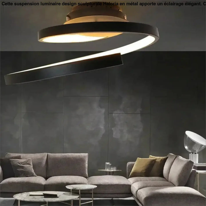 Luminaire design sculpturale suspension en métal noir avec lumière circulaire et éclat ambiant chaud haloria