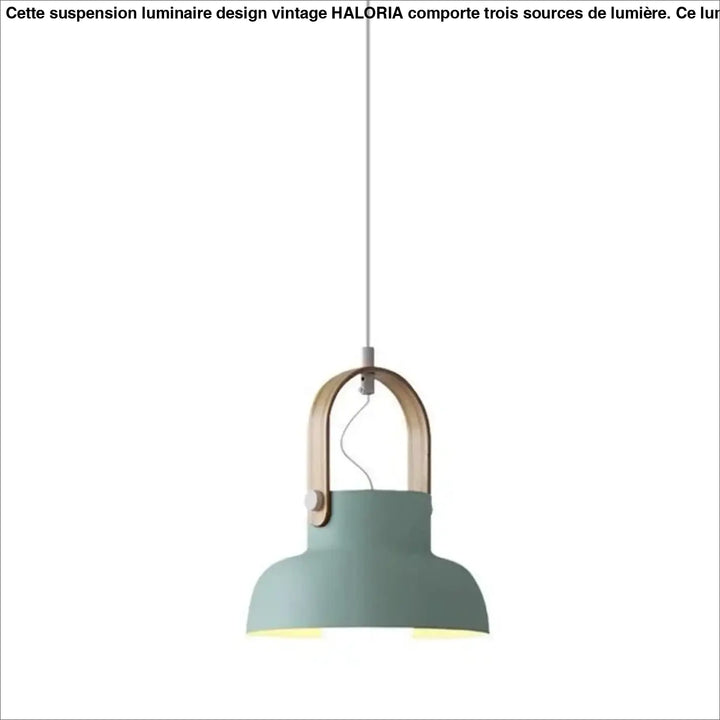 Suspension luminaire design vintage avec abat-jour en métal vert sauge mat et poignée en bois naturel haloria