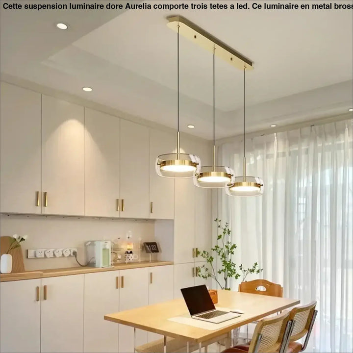 Suspension Luminaire Doré Avec 3 Spots LED Style Moderne