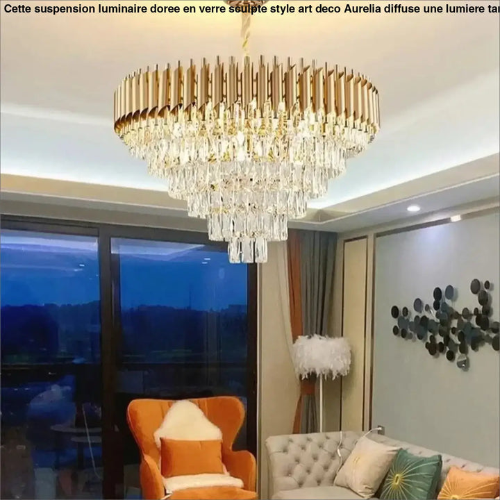 Suspension Luxueuse Lustre Cristal Cascade Doré Élégant