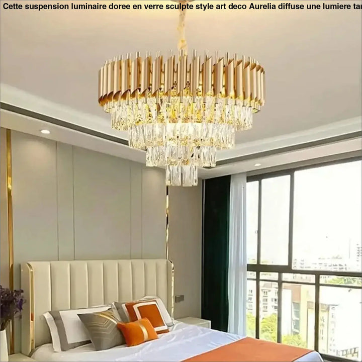 Suspension Luxueuse Lustre Cristal Cascade Doré Élégant