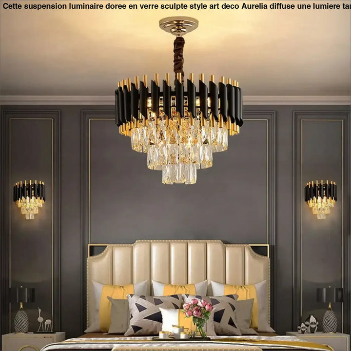 Suspension Luxueuse Lustre Cristal Cascade Doré Élégant