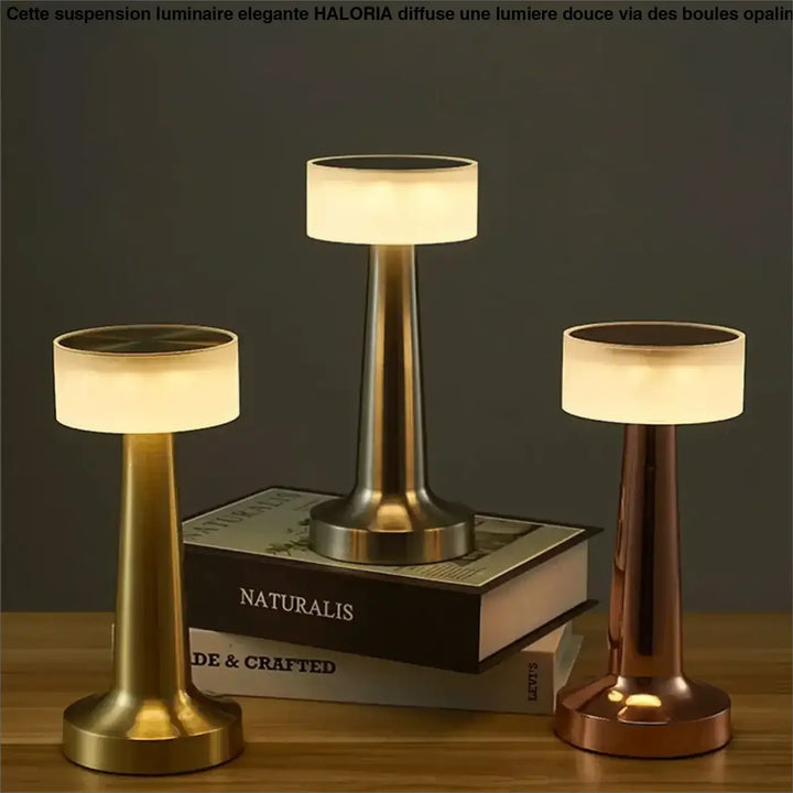 Lampe de table ninou design minimaliste avec abat-jour cylindrique en verre dépolie et base métallique finition or laiton brossé cuivre variateur tactile pour décoration intérieure