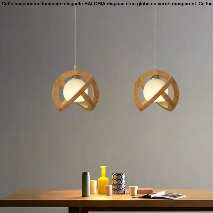 Suspension luminaire noelia avec tressage artisanal en bois clair et sphères en verre givré design inspirée minimaliste