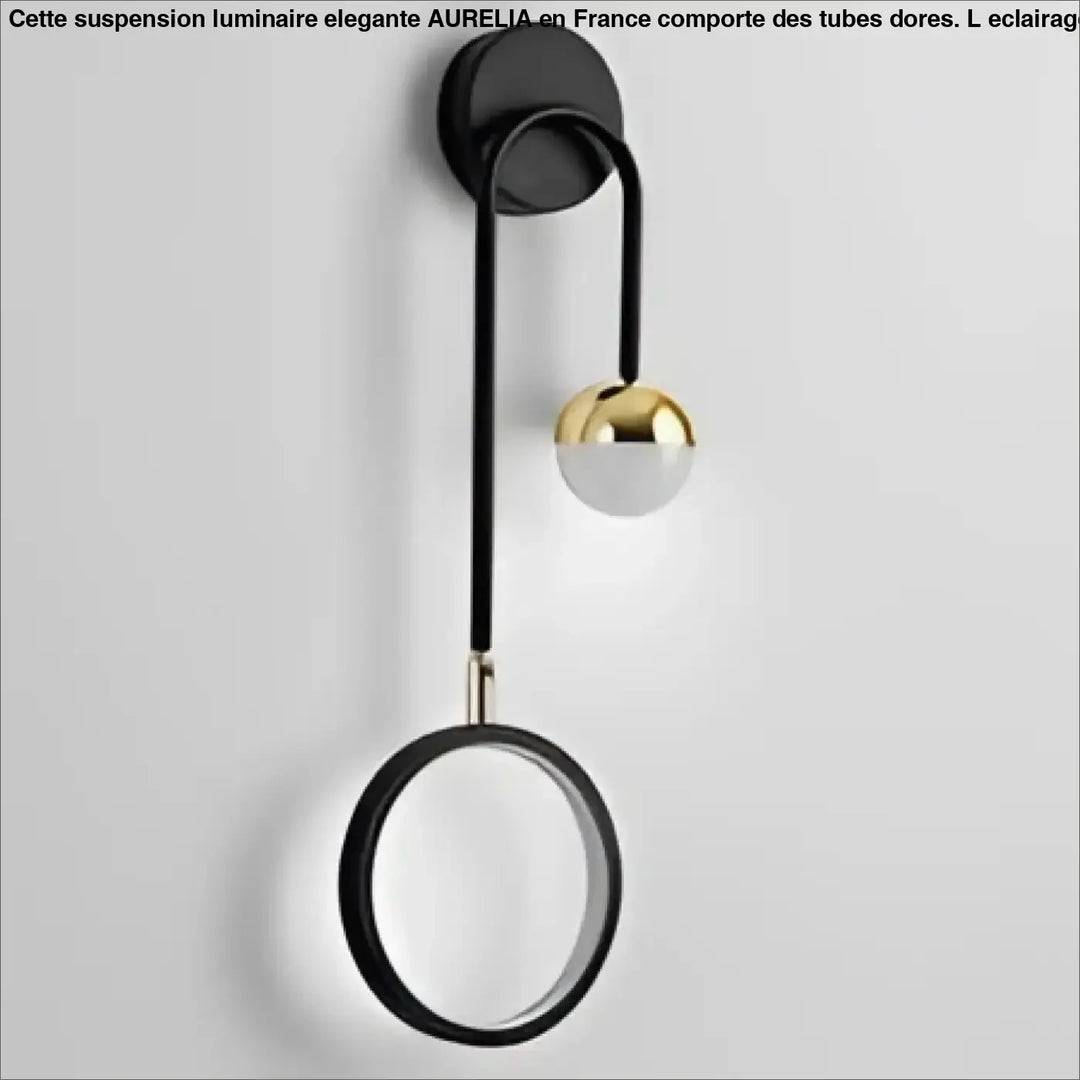 Applique murale orialis en noir et or avec bras courbé et deux globes lumineux design anneau suspendu