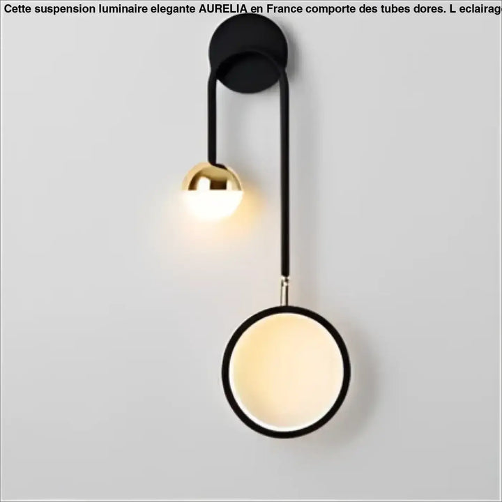 Applique murale orialis design noir et or avec bras courbé et deux anneaux suspendus lumineux