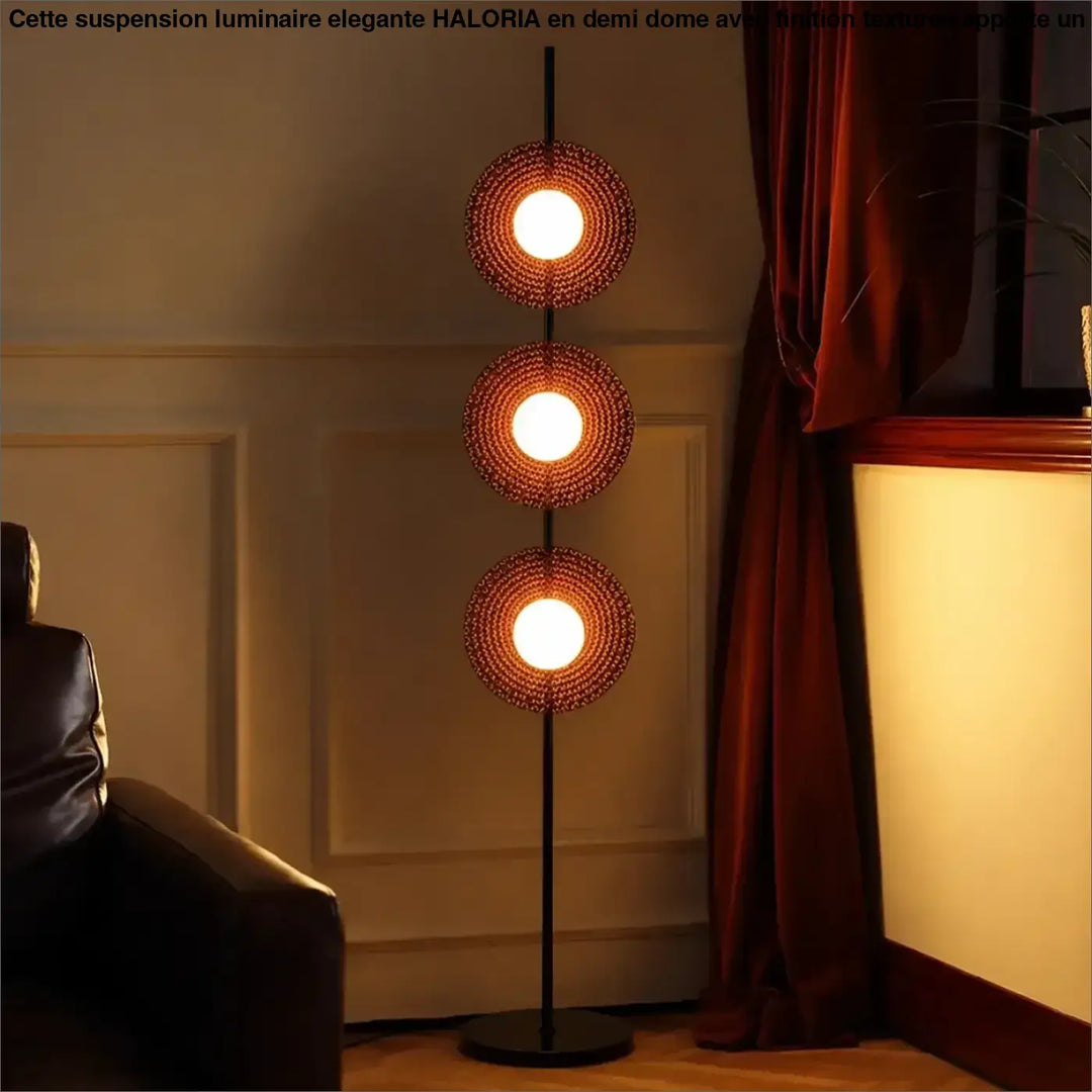 Lampadaire triom en fer type avec trois abat-jours tissés circulaires diffusant une lumière chaude