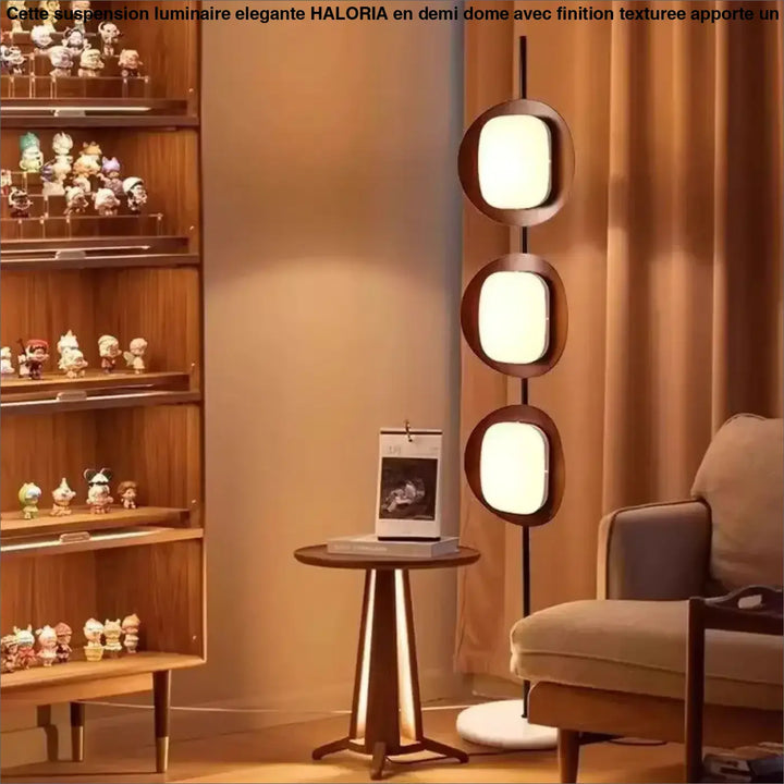 Lampadaire moderne triom avec trois panneaux ovales lumineux blanc chaud en cadres bois foncé fer type