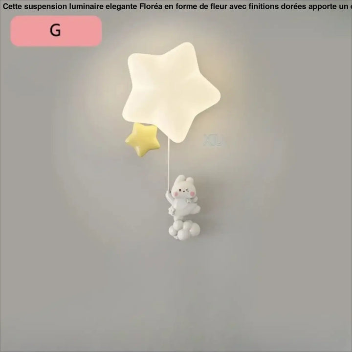 Applique murale staria avec figurine lapin blanc en peluche tenant deux étoiles lumineuses pour chambre denfant
