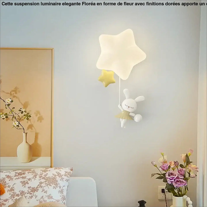 Applique murale staria en forme d etoile blanche avec une petite etoile jaune et un lapin blanc pour chambre denfants cartoon