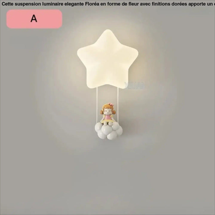 Applique murale staria étoile blanche avec poupée suspendue sur base en forme de nuage pour chambre d enfants