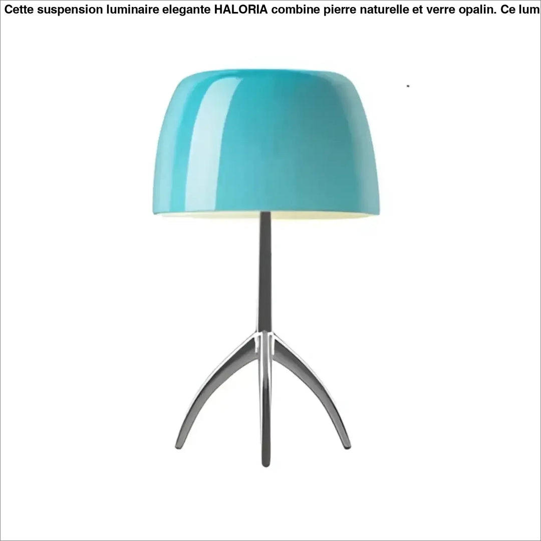 Lampe de table lakko avec abat-jour en céramique turquoise et base trépied en chrome brillant