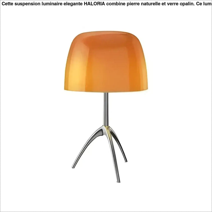 Lampe de table lakko avec abat-jour translucide orange et pied trépied chromé élégant