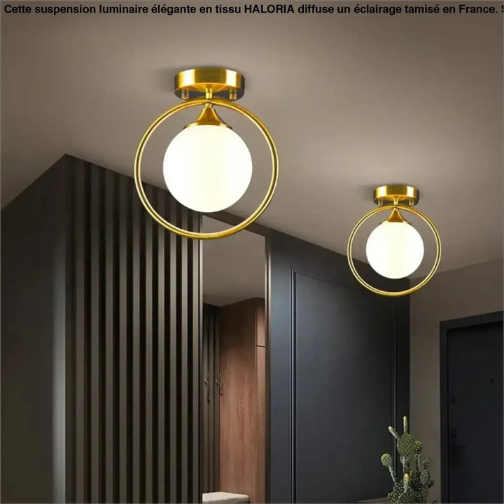 Luminaire plafonnier celliah avec finition dorée, cadre circulaire et globe en verre dépoli pour éclairage intérieur